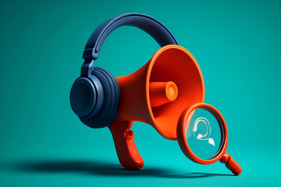 Megaphone and headphones on teal background