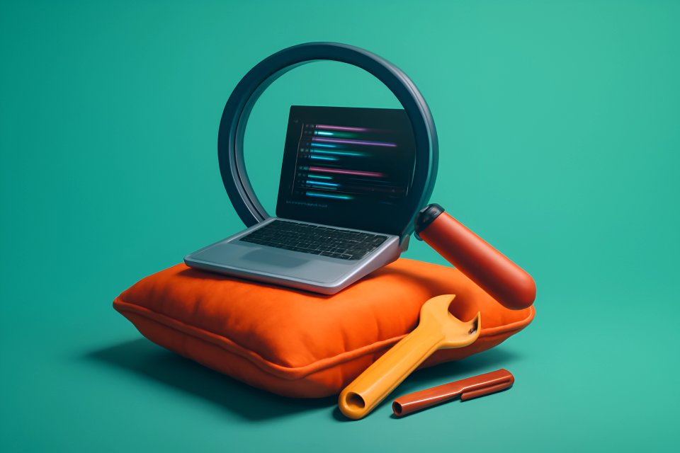 Laptop with tools and magnifying glass