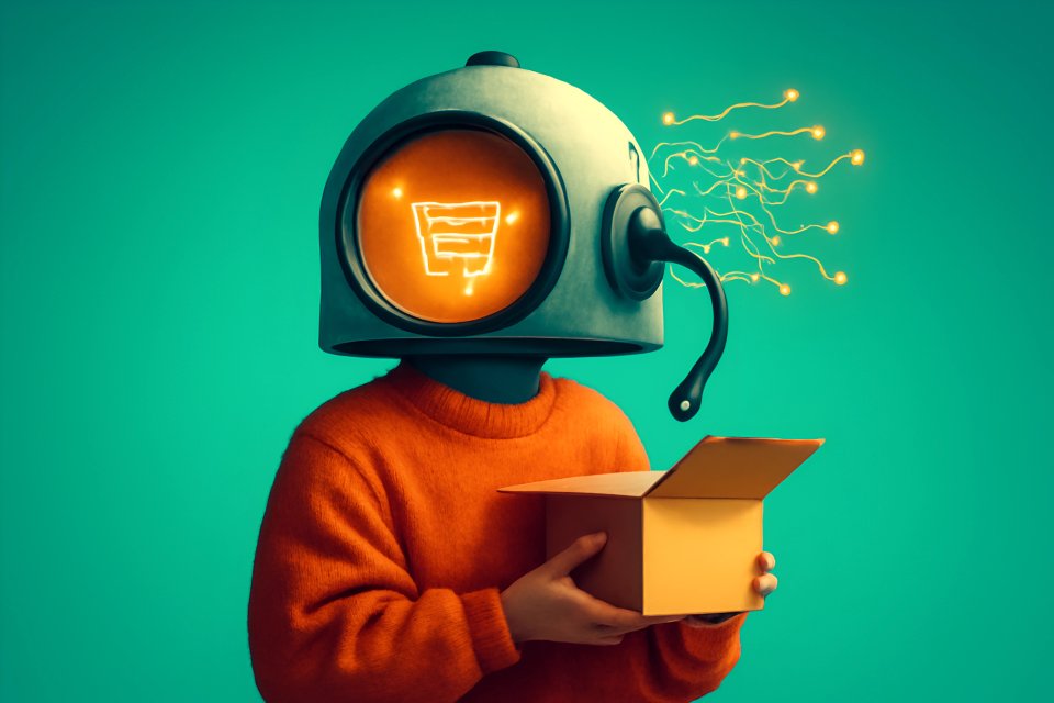 Person with glowing helmet and box