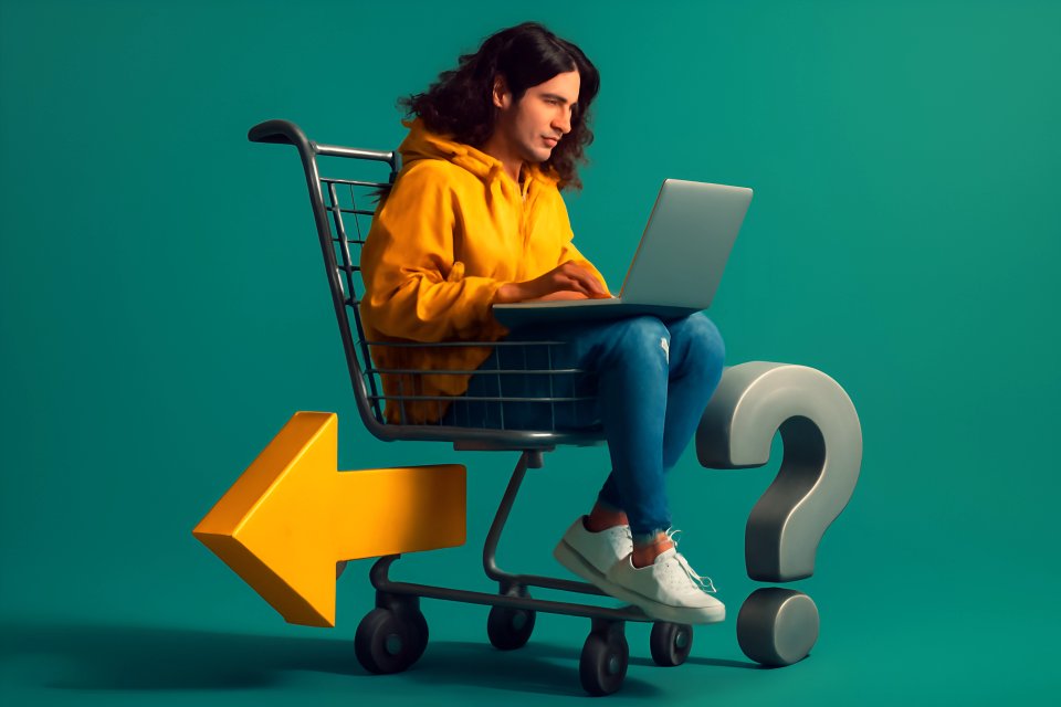 Online shopping with laptop in cart.