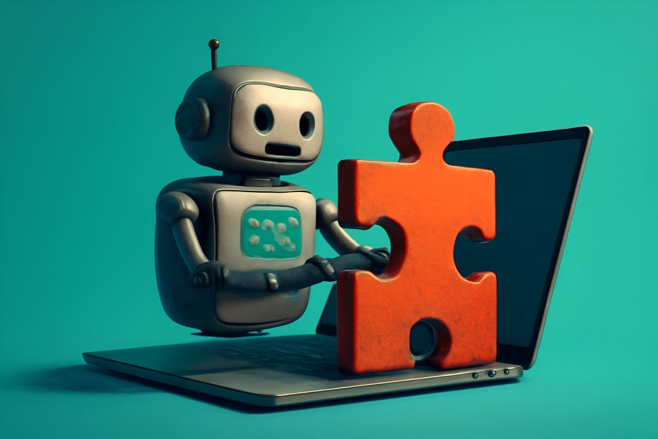 Robot and puzzle piece on laptop.