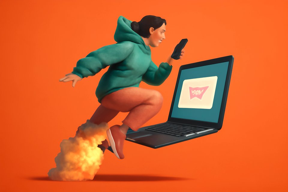 Person jumping towards laptop illustration