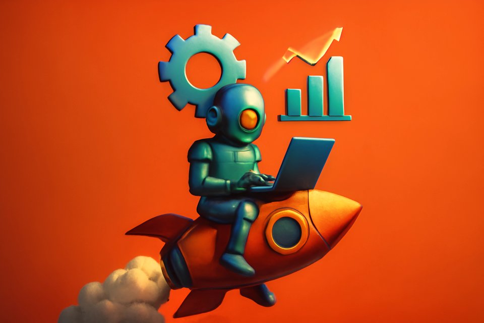 Robot on rocket with laptop