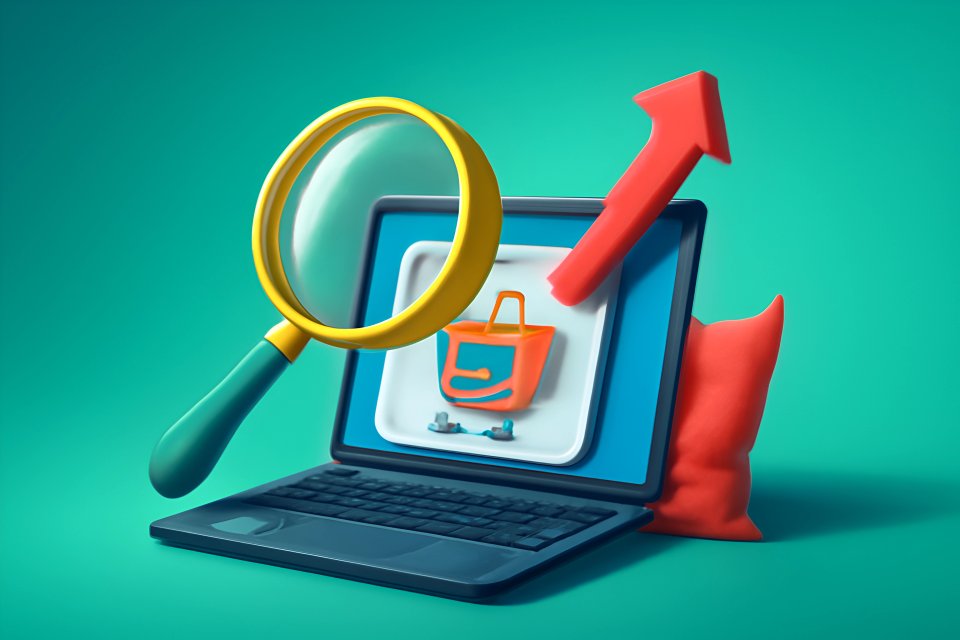 Laptop med handleikon og forstørrelsesglass