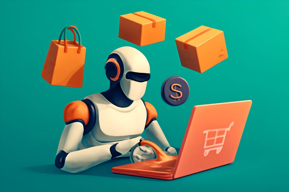 Робот, использующий ноутбук для покупок