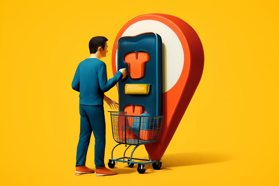 Mann beim Einkaufen mit Standortmarkierung