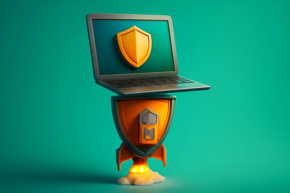 Иллюстрация: ноутбук со щитом и ракетой