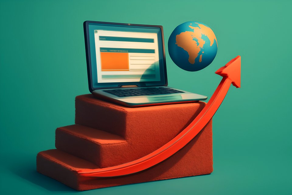 Ноутбук и глобус с графиком роста