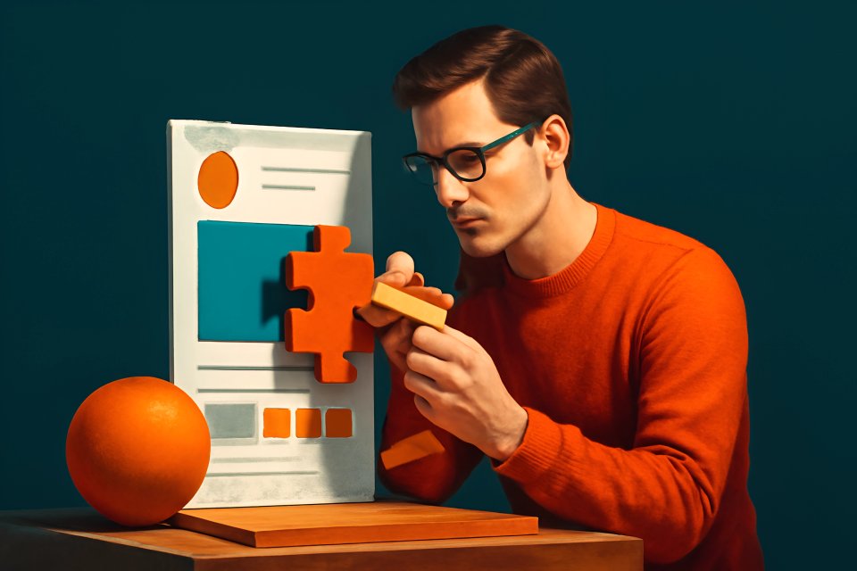 Homme assemblant un puzzle aux pièces colorées