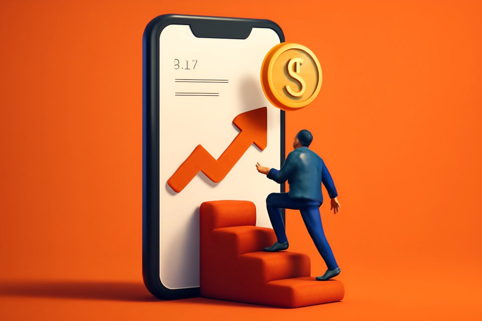 Hombre subiendo escalones hacia el éxito financiero