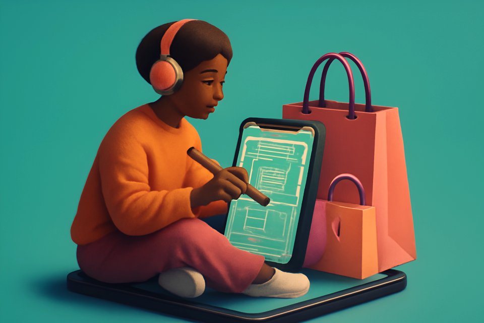 Enfant créant sur une tablette entouré de sacs de courses