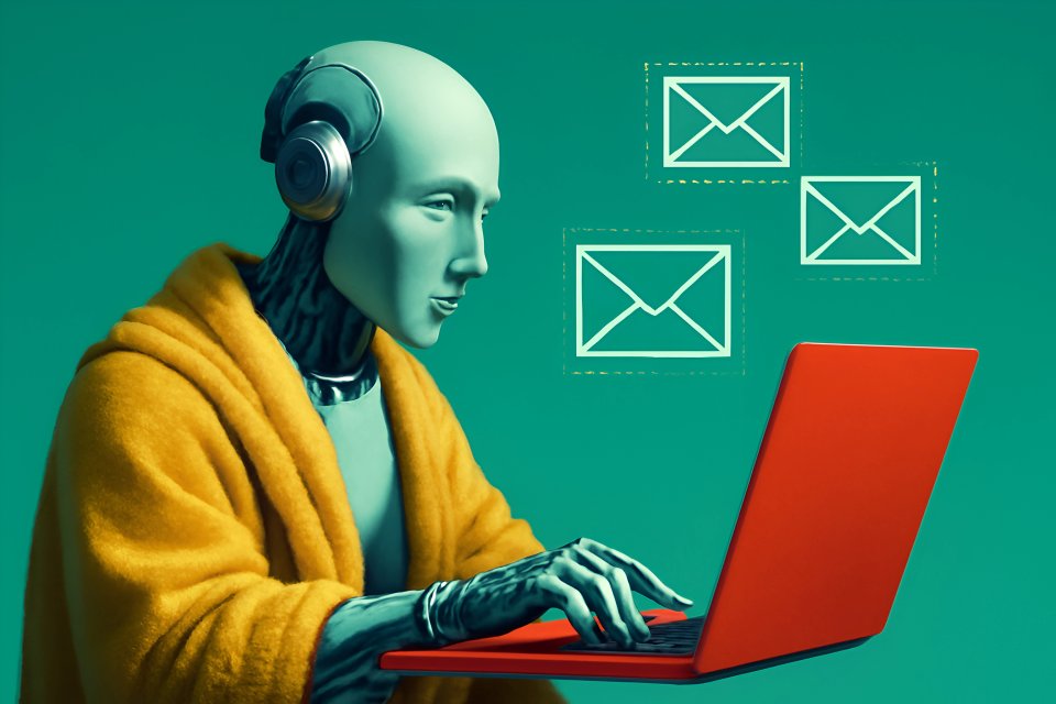 Robot typing on laptop with headphones.