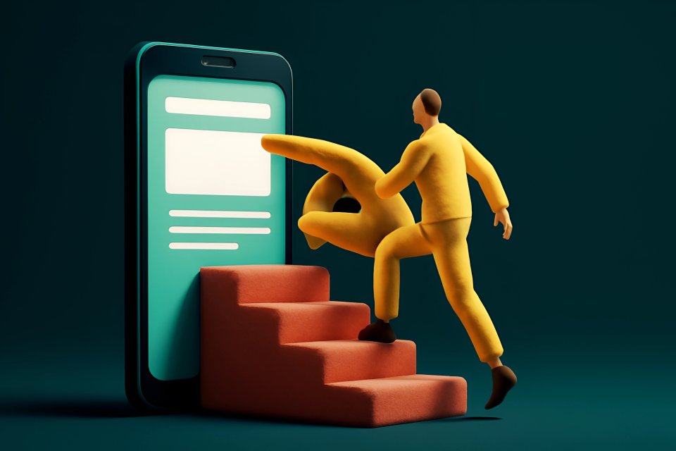 Фигура, поднимающаяся по лестнице к смартфону