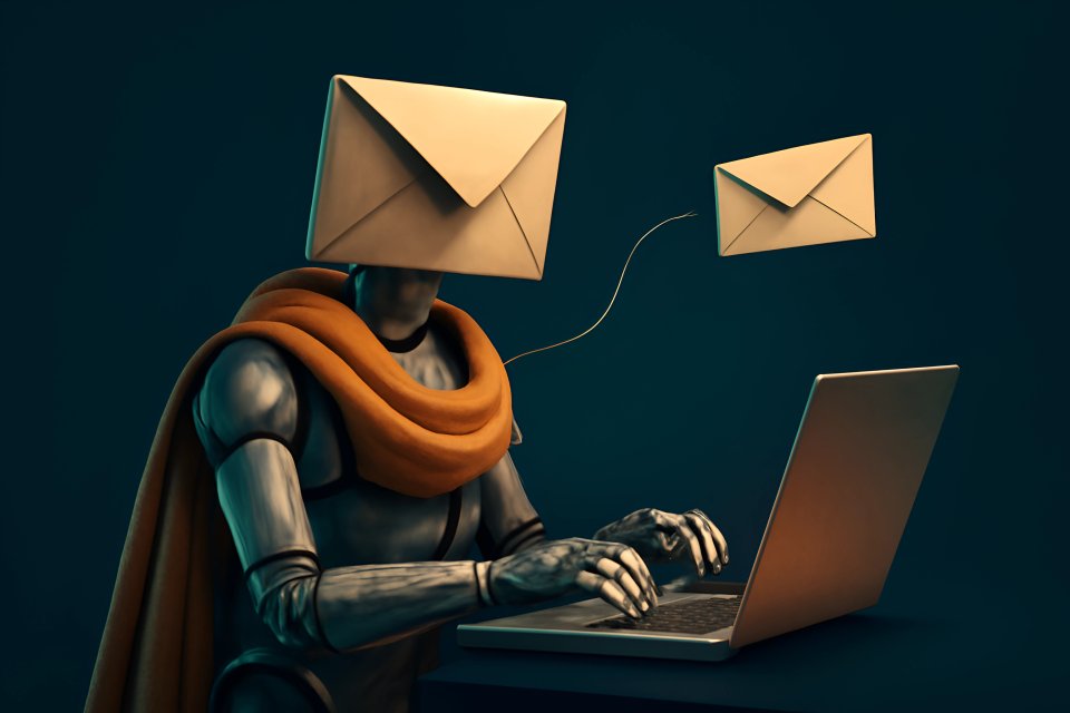 Robot typing email on laptop