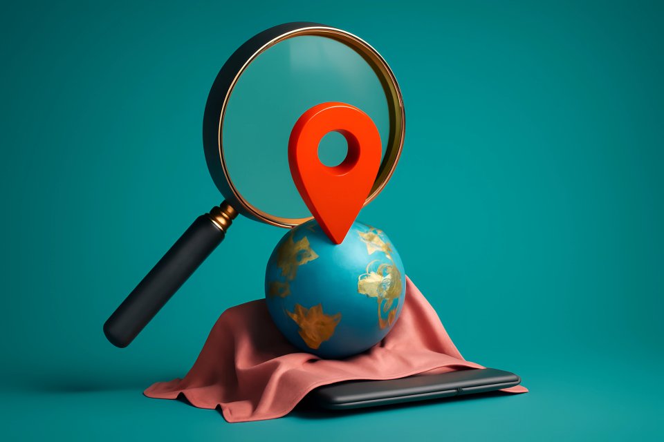 Magnifying glass and globe with location pin