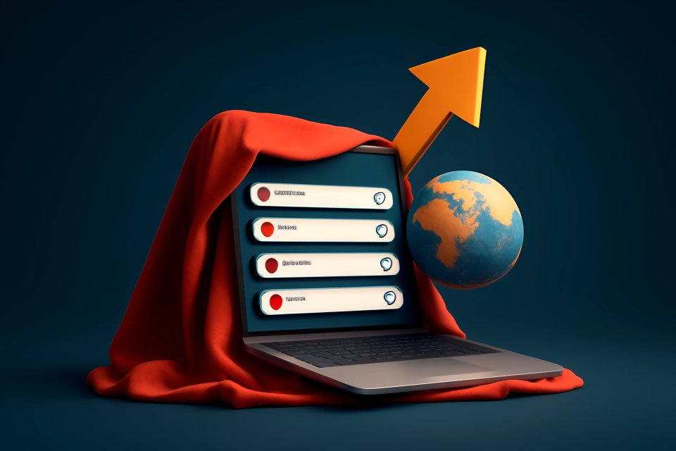 Laptop che mostra metriche di crescita e il globo